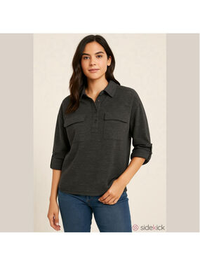 NWT Max Studio Size L Heather Black Linen Blend Roll Tab Utility Blouse